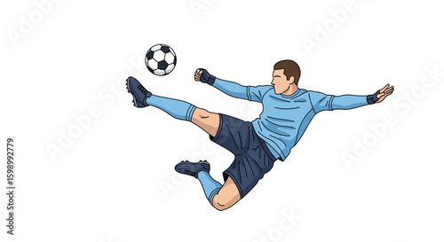 Illustration of soccer player kicking ball in mid-air
