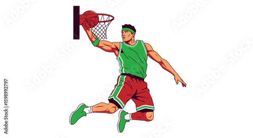 Illustration of basketball player dunking ball into hoop
