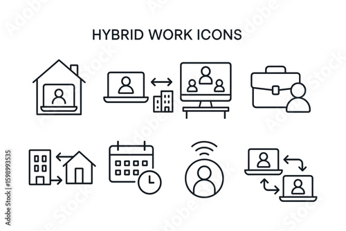 Hybrid work icons: remote and office collaboration symbols