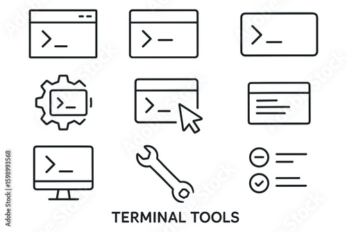 Collection of terminal tool icons featuring commands and settings