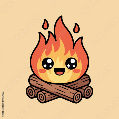 Cartoon campfire with big eyes and a happy smile on a beige background with logs and flames