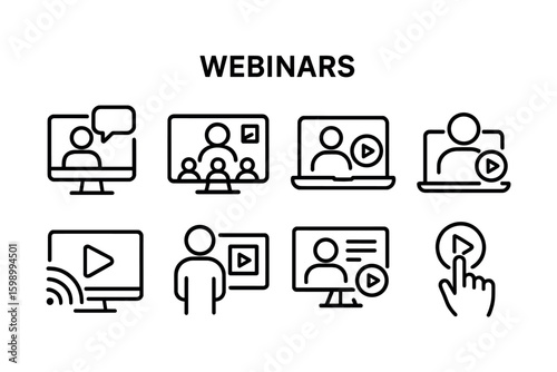 Webinars and virtual learning icons: online education and presentation tools