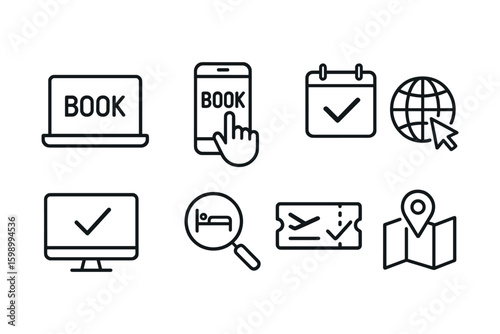 Online booking icons for travel and reservations