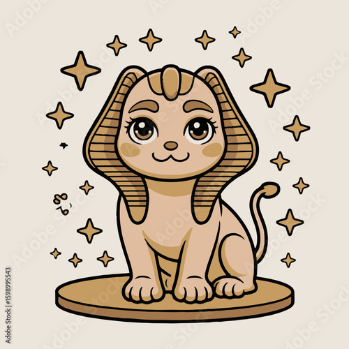 Cartoon sphinx with big eyes sitting on a pedestal surrounded by stars on a light background