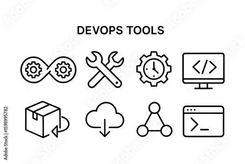 Devops tools icons set with code, cloud, and automation elements