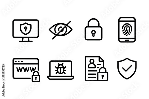 Cybersecurity icons: privacy, lock, authentication, antivirus protection symbols