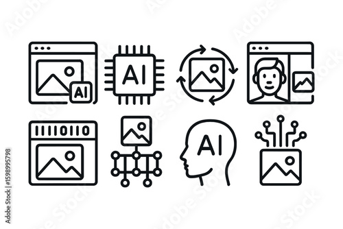 Ai technology icons set featuring human interaction and image processing