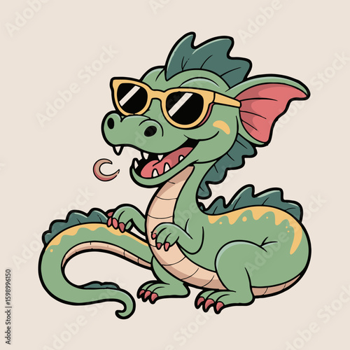 A cartoon green dragon wearing sunglasses and sticking its tongue out with a light background