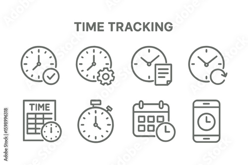 Time tracking icons: clocks, stopwatch, calendar, mobile app
