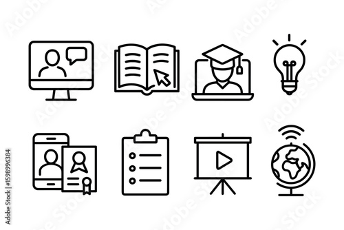 Online learning icons: video chat, book, graduate, ideas, certification, checklist, presentation, global