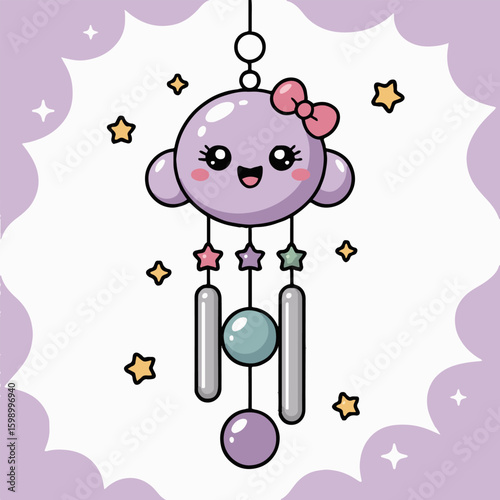Cute cartoon cloud wind chime with stars and beads hanging on a string in a dreamy purple setting