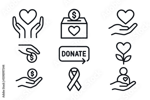 Charity and donation icons including hands, heart, and ribbon symbols
