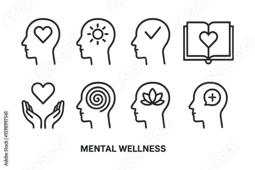 Mental wellness icons depicting mindfulness and positivity