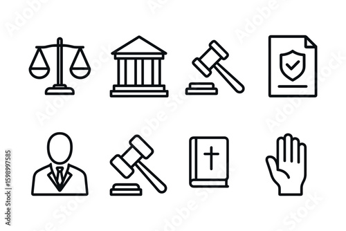 Legal and justice icons including gavel scales court building and contract