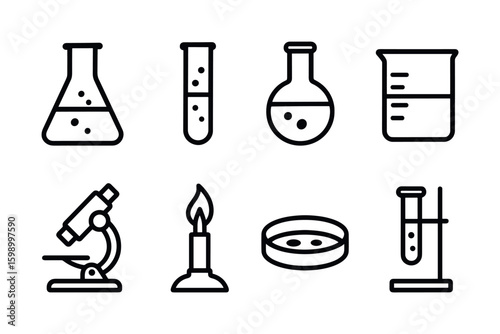 Scientific laboratory equipment icons including flasks and microscope
