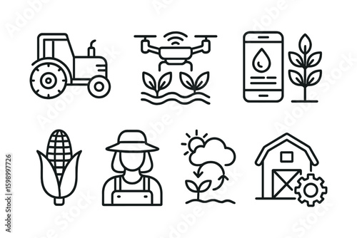 Smart farming icons: tractor, drone, mobile app, plants, corn, farmer, sustainability, barn