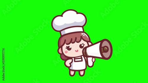 Cute chef with megaphone, loop animation