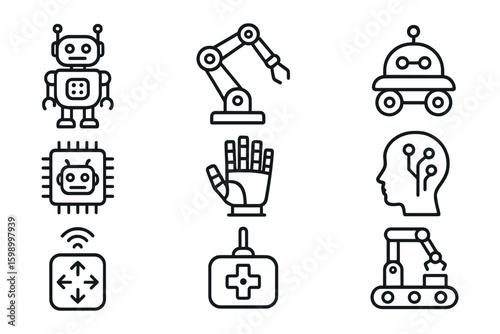 Set of robotics and ai icons depicting robots chip head controller and arm