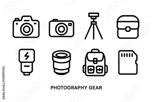 Camera equipment icons featuring lens, tripod, and flash