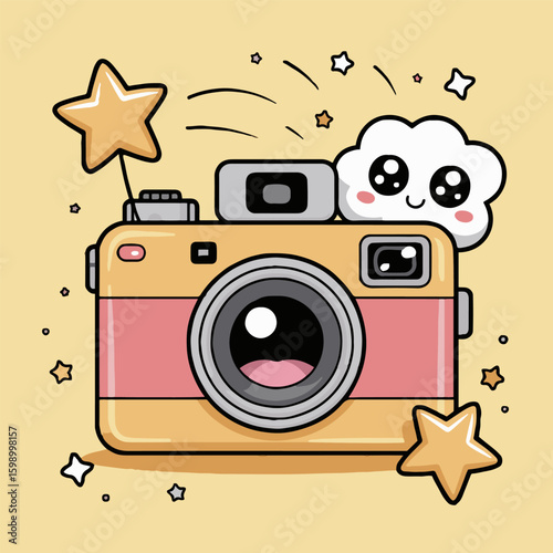 Cartoon camera with a cloud and stars in a playful and whimsical illustration on a yellow background