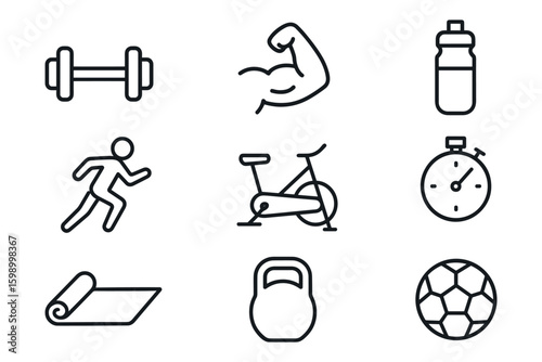 Set of fitness icons: dumbbell, muscle, water bottle, running, bicycle, stopwatch, yoga mat, kettlebell, soccer ball