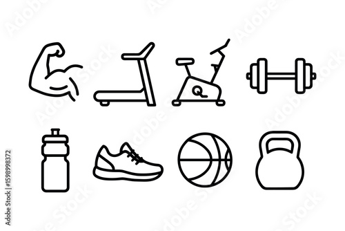 Fitness equipment and icons: dumbbell, kettlebell, treadmill, exercise bike, water bottle