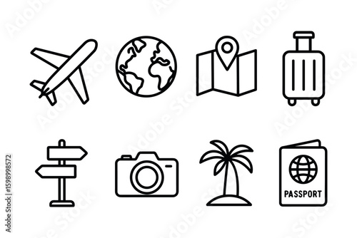 Travel icons: airplane, globe, map, suitcase, signpost, camera, palm, passport