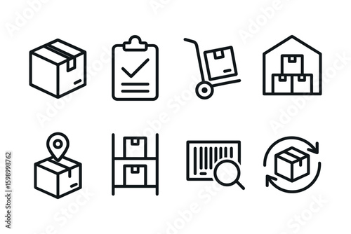 Logistics and inventory icon set highlighting boxes, warehousing, and delivery features