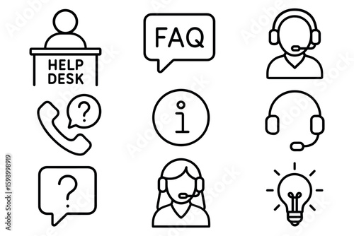 Help desk and support icons: faq, headsets, information, and ideas