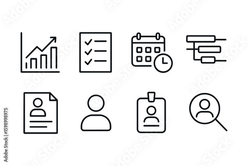Business icons set featuring graph, checklist, calendar, and profile graphics