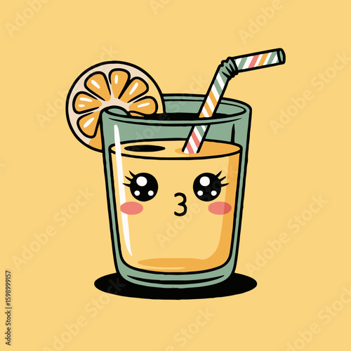 Illustration of a cartoon juice glass with a straw and orange slice on a yellow background