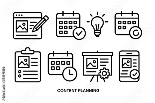 Content planning icons with calendar and light bulb set for scheduling