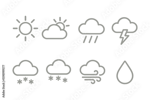 Minimalist weather icons: sun, cloud, rain, thunder, snow, wind, drop symbols
