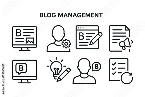 Blog management icons showing digital content and communication