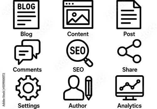 Blog and content icons: seo, comments, analytics, share, author, settings