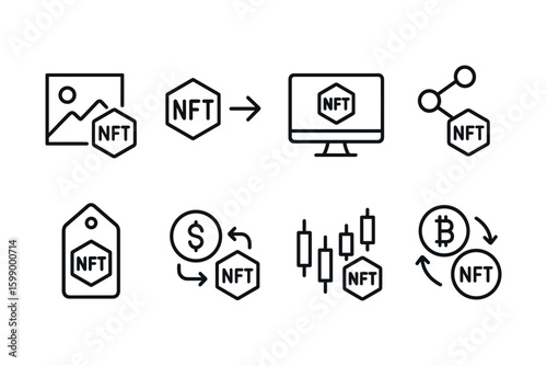 Collection of icons representing nft concepts in digital art and blockchain trading