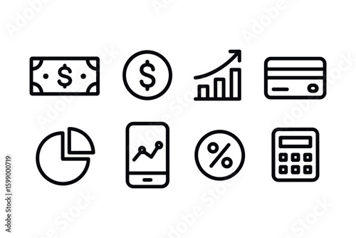Set of financial icons: currency, growth, payment methods, analytics, and calculation