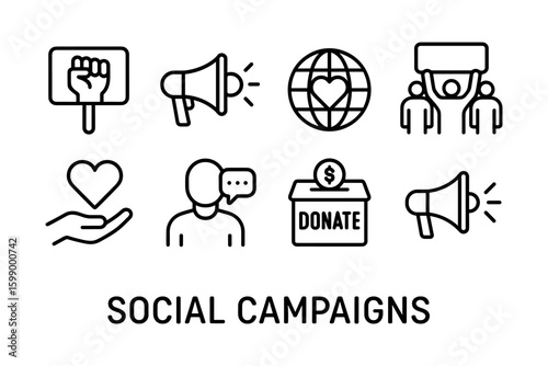 Icons representing social campaigns with heart, megaphone, globe, and donation themes