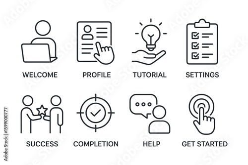 Icons for welcome, profile, tutorial, settings, success, completion, help, get started