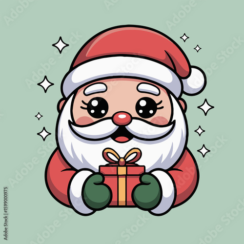 Cartoon santa claus holding a red gift box with a gold bow and wearing a red hat and green gloves