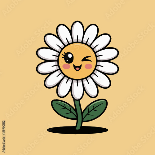 Cartoon daisy with a winking face and white petals on a yellow background illustration art