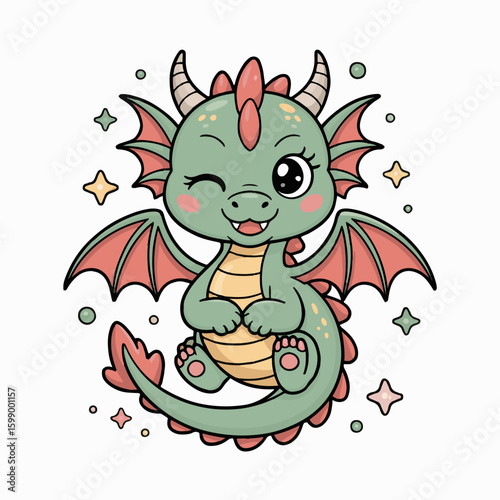 Illustration of a cartoon baby dragon with one eye closed surrounded by stars and circles on white