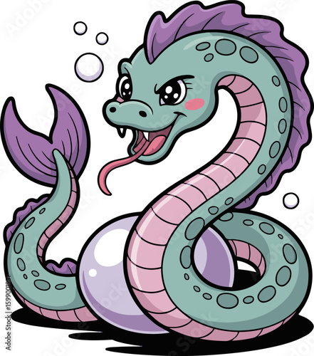 Cartoon sea serpent with a fish tail and pink belly scales resting on a large pearl bubble creature