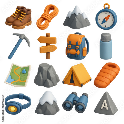 Hiking adventure 3d icon set. featuring boots, rope, mountain, compass, pickaxe, backpack, map, tent, more.
