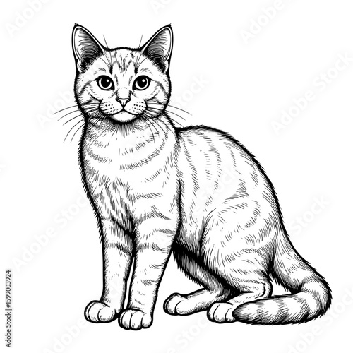 Cute fluffy kitten with tail is lying, black and white drawing. vector illustration. Funny cat, isolated on white background. Topics related to pets, veterinary clinics, shelters and children's books
