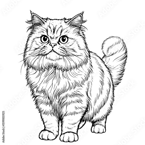 Cute fluffy kitten with tail is lying, black and white drawing. vector illustration. Funny cat, isolated on white background. Topics related to pets, veterinary clinics, shelters and children's books