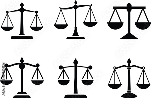 Scales of justice set - 6 balanced legal vector silhouettes, EPS JPEG PNG