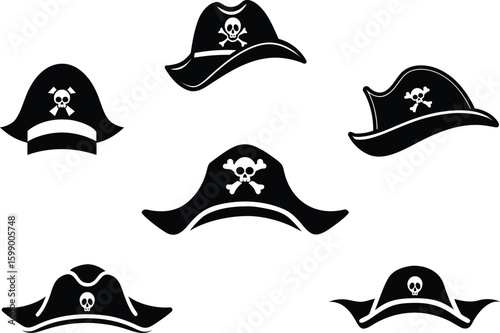 Pirate hat silhouette set - 6 classic tricorn vector outlines, EPS JPEG PNG