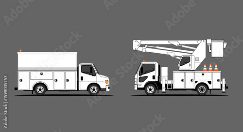 Two white utility trucks are displayed side-by-side, one a service truck with storage compartments and the other a bucket truck with an elevated platform.
