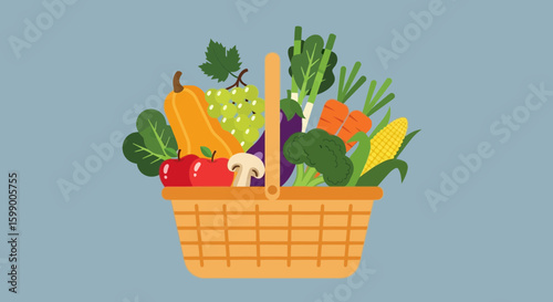 Wicker basket filled with colorful fresh produce including pumpkin, grapes, spinach, tomato, mushroom, eggplant, carrots, broccoli, and corn.